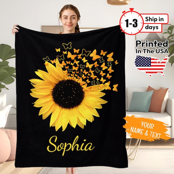 Custom Sunflower blanket, Personalized Blankets With Name, Flower Blanket, House Warming, Birthday Gift, Valentine's day Gift Blanket