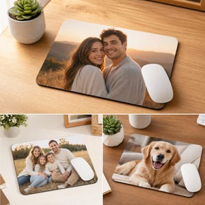 May include: Custom rectangular mousepads featuring photographs of a couple, a family, and a golden retriever. Each mousepad has a white computer mouse next to it. The mousepads are on a wooden desk.