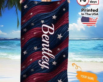 Personalized USA Flag Beach Towel – Stars & Stripes Custom Name Towel – 4th of July Gift – Patriotic Pool Towel