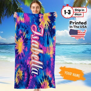 Custom Name Tie Dye Towel – Personalized Color Splash Beach Blanket, Bright Pool Towel, Summer Gift for Her or Kids