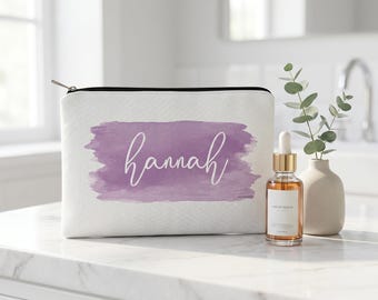 Personalized Makeup Bag, Custom Name Cosmetic Bag, Watercolor Canvas Zipper Pouch, Bridesmaid Gift, Travel Toiletry Bag, Cute Pencil Case