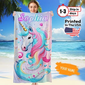 Custom Unicorn Beach Towel, Personalized Unicorn Pool Towel for Girls, Bath Towel For Kids, Birthday Gift For Kids, Unicorn Inspired Towel