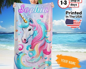 Custom Unicorn Beach Towel, Personalized Unicorn Pool Towel for Girls, Bath Towel For Kids, Birthday Gift For Kids, Unicorn Inspired Towel