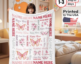 Butterfly Custom Blanket, Personalized Name Blanket, Custom Kids Blanket, Pink Name Blanket for Girls, Christmas Gift for Kids and Adults