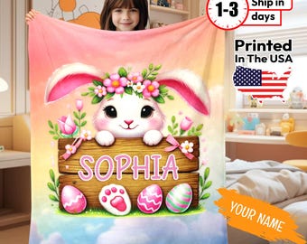 Custom Kids Name Blanket, Personalized Baby Easter Bunny Blanket, Kids Bunny Blanket, Gift for her, Easter Egg and Bunny Gift, Happy Easter