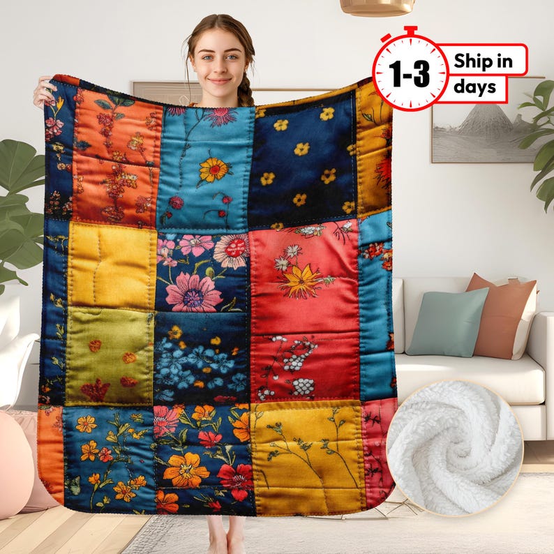 May include: A patchwork quilt throw blanket with a floral pattern in shades of yellow, red, blue, and green. The quilt is made of different fabrics and has a quilted texture.