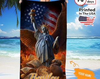 USA Patriotic Beach Towel with Name – Liberty & Flag Design – Personalized 4th of July Gift for Kids or Adults