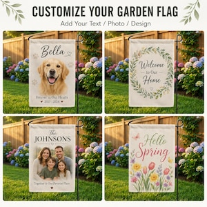 May include: Four rectangular garden flags displayed on black metal stands. The flags feature customizable designs including a golden retriever portrait with the name Bella, a floral wreath with Welcome to Our Home, a family photo with The Johnsons, and Hello Spring with tulips.