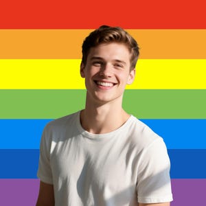 May include: A person wearing a white t-shirt smiles in front of a rainbow flag. The flag features horizontal stripes of red, orange, yellow, green, blue, and purple. The person has short brown hair.