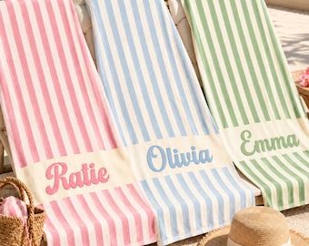 Personalized Beach Towel with Name, Custom Striped Beach Towel, Personalized Summer Towel, Custom Gift for Her, Beach Vacation Gift