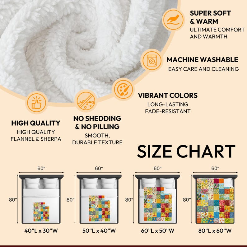May include: Size chart for a patchwork quilt with a floral pattern. The quilt is available in four sizes: 40 inches by 30 inches, 50 inches by 40 inches, 60 inches by 50 inches, and 80 inches by 60 inches. The quilt is made of high quality flannel and sherpa, is super soft and warm, and is machine washable.