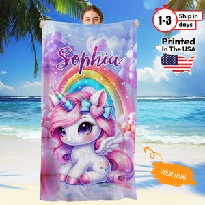 Unicorn Towel Personalized with Name, Cute Beach Towel for Girls, Custom Gift for Kids, Personalized Gift for Birthday, Summer or Vacation