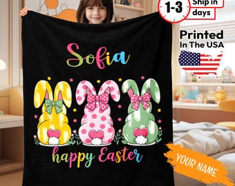 Personalized Easter Bunny Blanket, Custom Kids Name Blanket, Kids Bunny Blanket, Gift for her, Easter Egg and Bunny Gift, Happy Easter