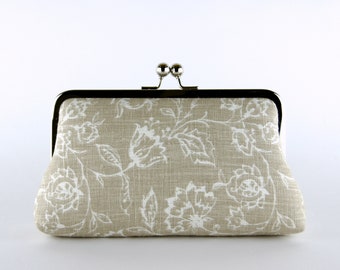 Floral clutch purse with silk lining, Bridesmaid clutch, Charcoal and Natural collection