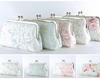 Linen floral clutch purse with silk lining, Blue and Pink collection
