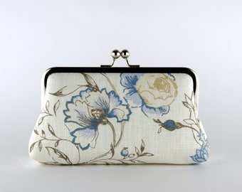 Linen floral clutch purse with silk lining, Blue Denim collection