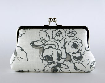 Floral clutch purse with silk lining, Bridesmaid clutch, Charcoal and Natural collection