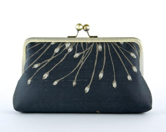 Silk clutch in charcoal with gold