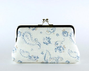 Linen floral clutch purse with silk lining, Blue Denim collection