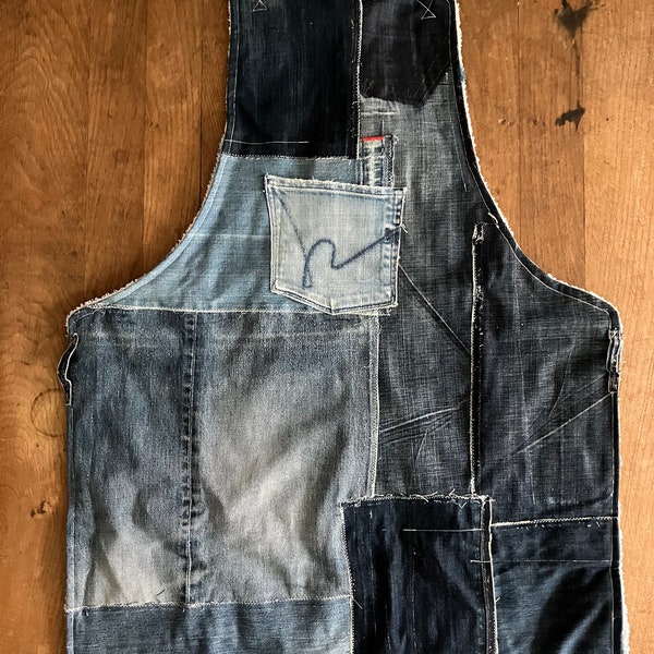 tablier; Fait main; Shibori ; boro; patchwork; indigo naturel; jean