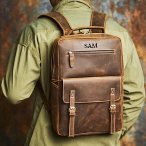 Mochila de cuero para computadora portátil, mochila de hombro personalizada para la oficina, mochila para hombres, mochila de viaje de cuero de grano completo, cartera, regalo para él y para ella