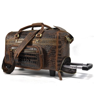 Borsone in pelle con ruote, trolley da viaggio in pelle, bagaglio a mano, borsa da viaggio per il weekend, regalo personalizzato per lui, regalo per lei