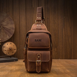 Bolso bandolera, bolso bandolera de piel, bolso de hombro, bolso de pecho de piel de grano completo, bolso de viaje para exteriores, bolso de mensajero para hombre, cartera, regalo para él