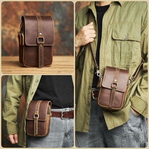 Leder Handytasche, Crossbody tasche, Sling tasche, Schultertasche, Gürteltasche, Herren Brusttasche, Vollnarbenledertasche, Geschenk für Sie & Ihn