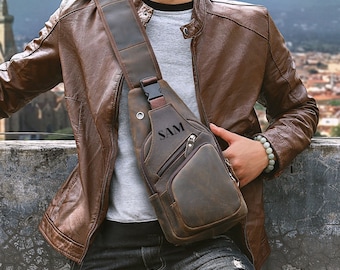 Personalized Leather Sling Bag Men Shoulder Bag Crossbody Bag Leather Chest Bag Messenger Bag Travel bag Daypack Gift for Him Father Husband