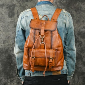 Mochila de cuero, mochila para computadora portátil, mochila para la escuela, mochila de viaje para hombres, mochila de cuero de grano completo, mochila, cartera, regalo para él