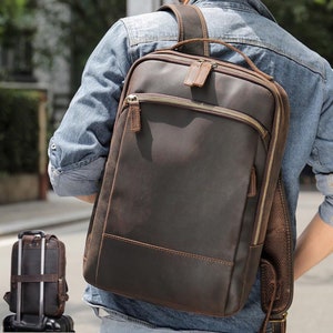 Mochila de cuero para computadora portátil, mochila de hombro de grano completo, mochila de oficina personalizada, mochila de viaje para hombres, mochila, cartera, regalos para él