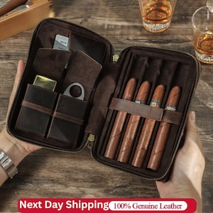 Lederen sigaar reisetui houder mannen met aansteker mes zakhumidor vak sigaar accessoires cadeauset voor mannen cadeau voor hem, stalknecht cadeau