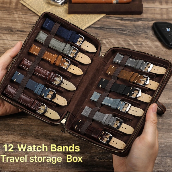 Full Grain Leather Watch Band Box for 12 Bands, Travel Watch Straps Box, Fits All Wrist Watches & Smart Watches, Wedding Gift for him her