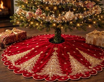 Luxus Roter Samt Weihnachtsbaum Rock, Handgestickter Gold Zardozi Baum Rock, Perlen Urlaub Dekor, Premium Weihnachtsbaum Basis Abdeckung,