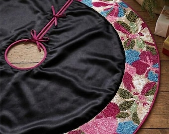 Luxury Beaded Christmas Tree Skirt, satin  Tree Skirt, Handmade Embroidered Floral Skirt, Pearl Zardosi Work Holiday Decor, Premium Xmas