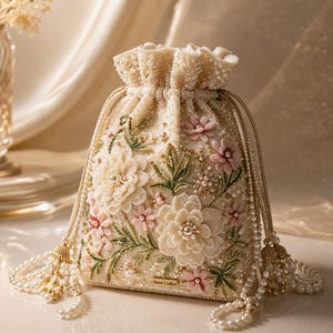 Puede incluir: Bolso con cordón de cuentas de color marfil con bordado floral. El bolso presenta flores color crema, detalles en rosa y hojas verdes. Cadenas de perlas y borlas doradas adornan los cordones. El texto "Hand Crafted" es visible.