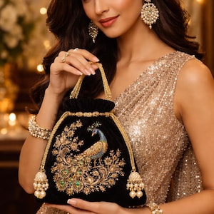 Puede incluir: Bolso negro de terciopelo con bordado dorado de pavo real. El bolso tiene un asa de cadena dorada y detalles de borlas. Lo sostiene una persona que lleva joyas doradas y un vestido dorado con lentejuelas.