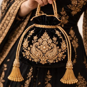 Op de afbeelding: Zwarte fluwelen tas met trekkoord en ingewikkelde gouden borduursels met paisley- en bloemmotieven. De tas heeft gouden gevlochten handvatten en decoratieve kwastjes, waardoor een elegant en sierlijk accessoire ontstaat.