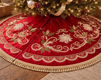 Gonna per albero di Natale di lusso con perline, gonna per albero in raso, gonna floreale ricamata a mano, decorazione natalizia con perle Zardosi, Natale premium