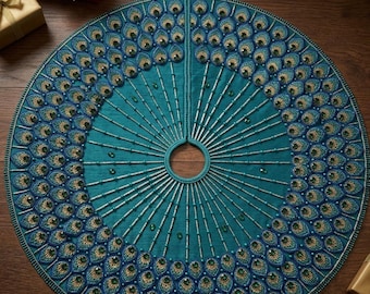 Gonna per albero di Natale di lusso con design a pavone, gonna per albero ricamata a mano con perline, decorazione natalizia in raso dorato, copertura unica per la base dell'albero di Natale