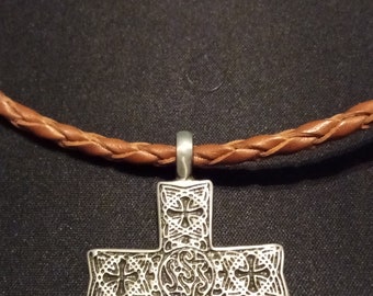 Leather Lace Necklace, with Celtic Cross, and beaded design, accent. L-22", Cross is 1.3/8" x 1.3/4"