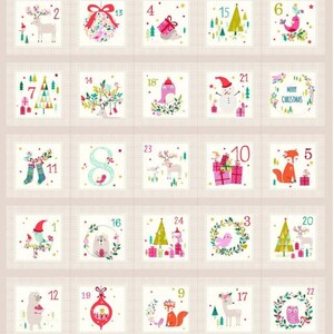 May include: A fabric advent calendar with 24 squares, each with a festive illustration and a number. Designs include deer, birds, trees, and gift boxes in pink, green, and white. The calendar is designed for the Christmas season.