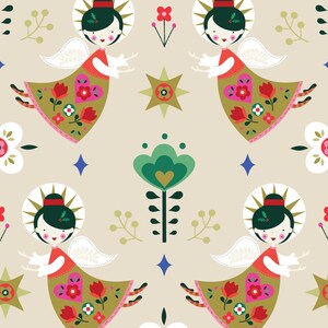 May include: A repeating pattern of stylized angels with halos, wings, and floral dresses in red, green, and pink. The design includes stars, flowers, and diamond shapes on a beige background. A festive, whimsical illustration.