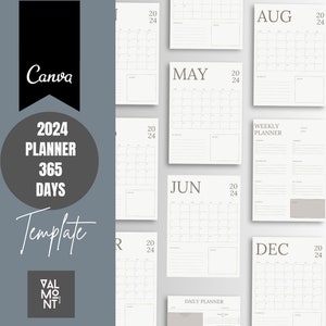 2024 Planner 365 Days. Editable Canva. Instant download. Yearly, monthly, weekly and daily planner.