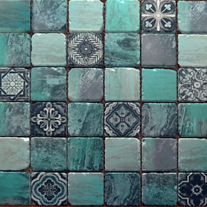 CUT SAMPLE | Antique Jade Glass Polished and Textured Blue Green Grey Smooth Patterned Mosaic  10x10cm