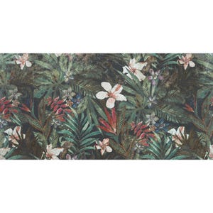 May include: A dark, detailed botanical pattern with lush green foliage, red and white flowers, and hints of blue. The design evokes a tropical jungle theme, with a variety of leaf shapes and floral arrangements.