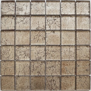 May include: A square mosaic tile sheet featuring 36 individual tiles. Each tile is a light beige with a textured, crackled pattern in dark brown. The tiles are arranged in a grid, creating a cohesive surface.