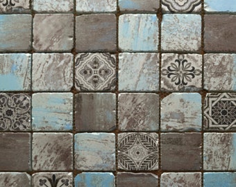 Antique Blue Glass Polished and Textured Silver Grey Patterned Smooth Mosaic - CUT SAMPLE 10x10cm