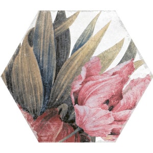 May include: A hexagonal tile featuring a vintage floral design. The tile depicts a pink tulip with green leaves against a white background with a distressed texture.