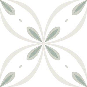 May include: A white tile with a repeating pattern of four green stylised flowers. The flowers have rounded petals and a central circle.